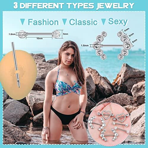 WZPB WZPB Nipple Piercing Kit for Women, 22Pcs Nipple Piercing Kit with 6 Pieces Nipple Piercing Rings Nipple Needle Kit Piercing Jewelry Barbell Heart Curved Shape Rings Barbell Piercing Clamps Needles