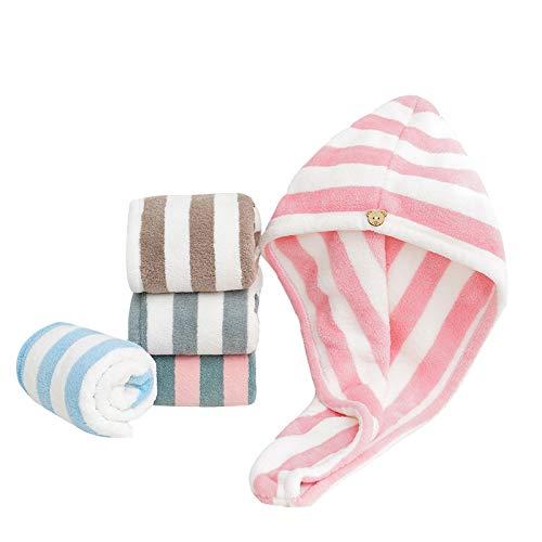 KDLF Hair Drying Cap Towel Absorbent Thickening Dry Hair Cap Bathroom Shower Drying Hair Cap Striped Shower Cap Soft Turban Striped Towel (Powder White Strip 01)