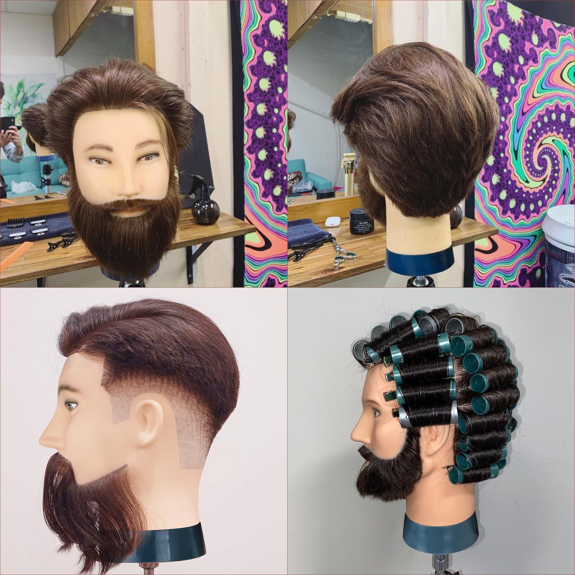 MannequeenHead Male Mannequin Head with Human Hair Barber Mannequin Head Beard Practice Male Haircut 100% Manikin Head Doll Head for Hairdresser Cutting Styling with Clamp Stand-Black