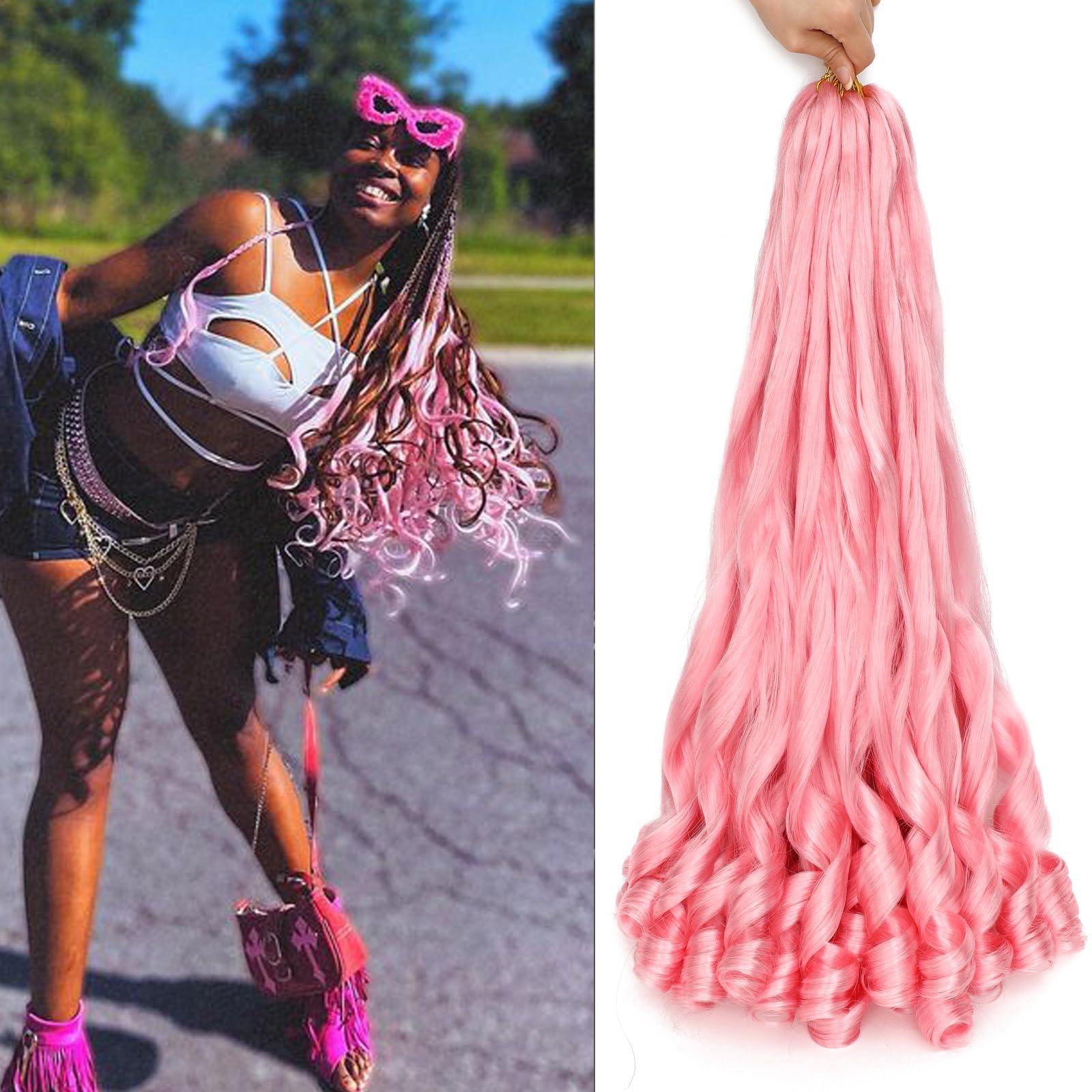 Molleas Pink French Curl Braiding Hair 8 Packs Curly Braiding Hair French Curly Braiding Hair Pre stretched Loose Wave Crochet Hair for Black Women Synthetic Hair Extensions(8 Packs, Pink)