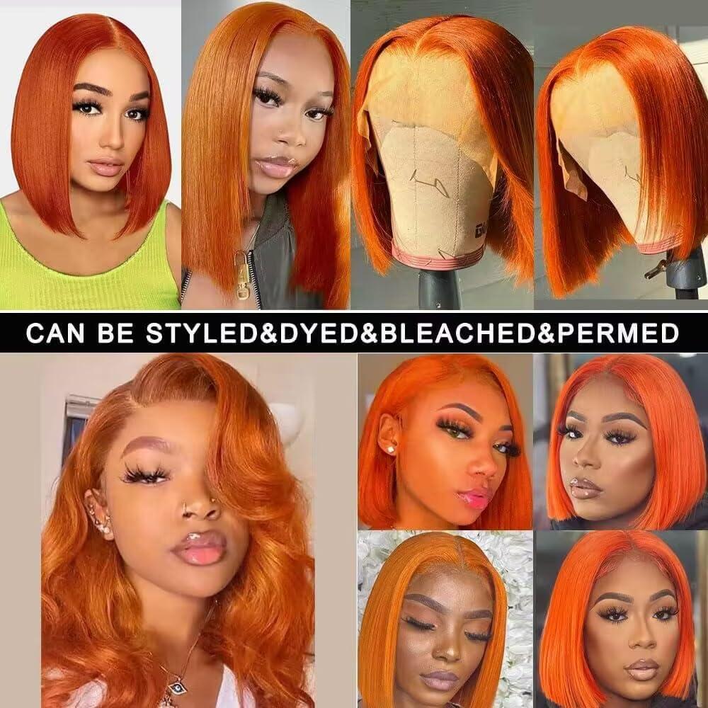amzhair #350 Ginger Orange Bob Wig Human Hair 13x4 Straight Hd Ginger Bob Lace Front Wigs Human Hair Wear and Go Glueless Wigs Human Hair Pre Plucked Bob HD Lace Frontal Wig Short Bob Wigs For Black Women