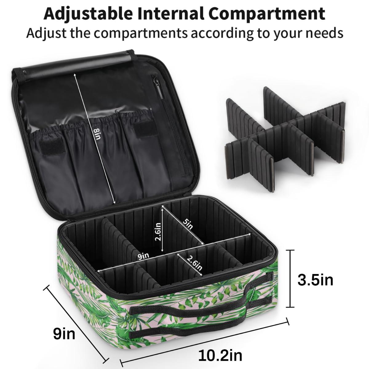 QsirBC QsirBC Makeup Train Case with Adjustable Dividers, Portable Make Up Bag for Women, Toiletry Bag for Men with Waterproof Brush Cover, Palm Tree Leaves Travel Makeup Organizer Makeup Box