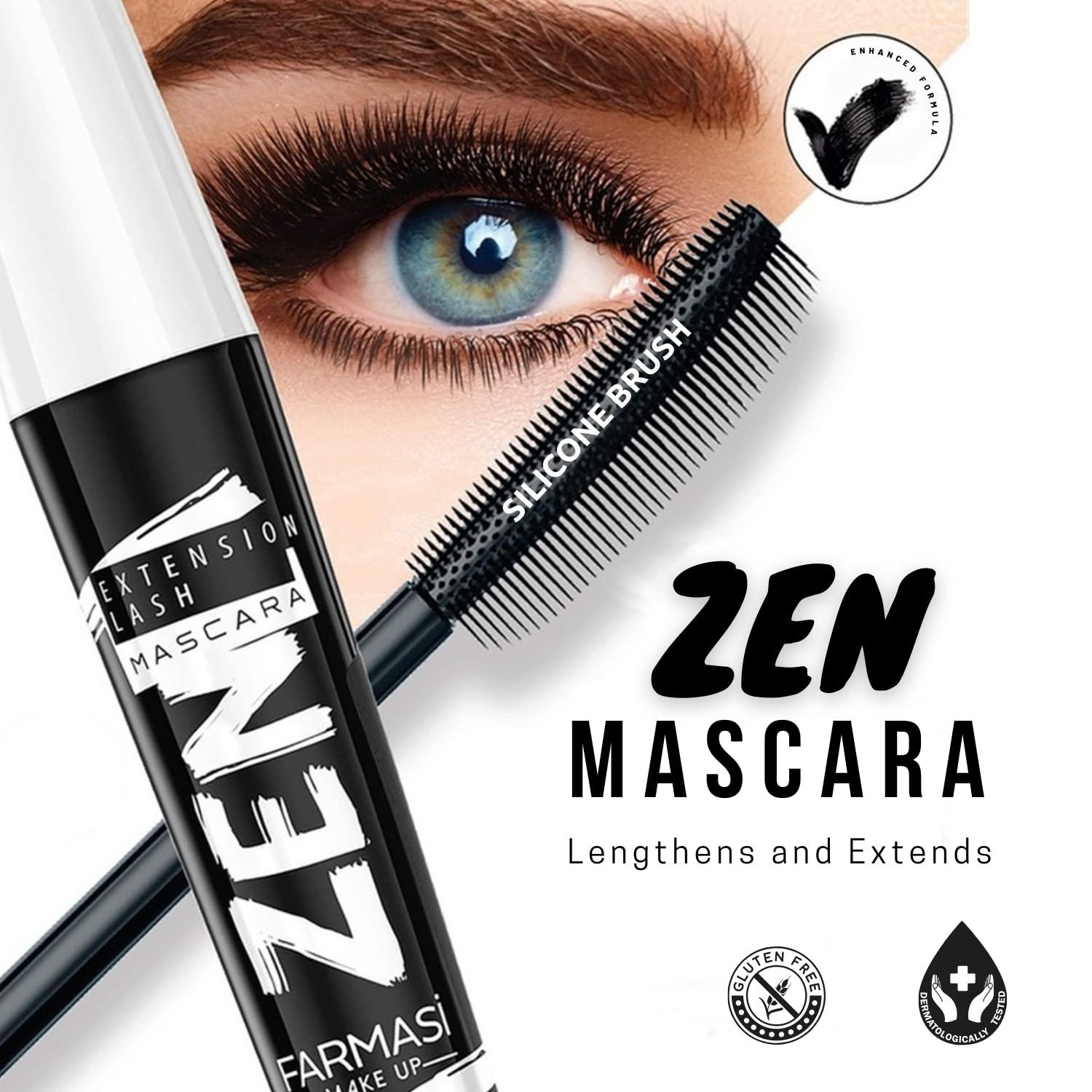 FARMASi FARMASi Zen Extension Lash Mascara, Intense Length, No Flaking, No Smudging, No Clumping, Volumizes & Separates Lashes, Fuller Longer and Thicker Lashes, Blackest Black, 0.27 fl. Oz / 8 ml