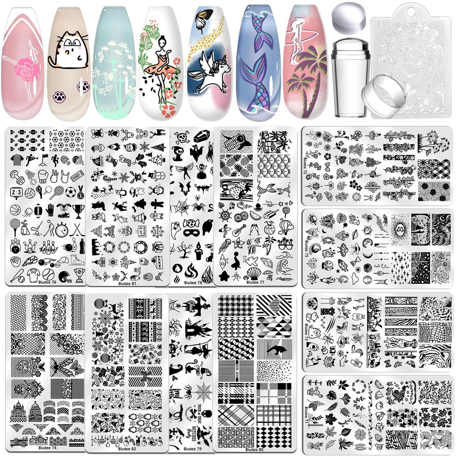 Biutee Biutee Nail Art Stamping Plate Set Nail Stamping Kit with Silicone Nail Stamper Flower Leaves Animal Lace Star Rose Holiday Design Nail Stamp Plate Valentine Nail Stamp Template