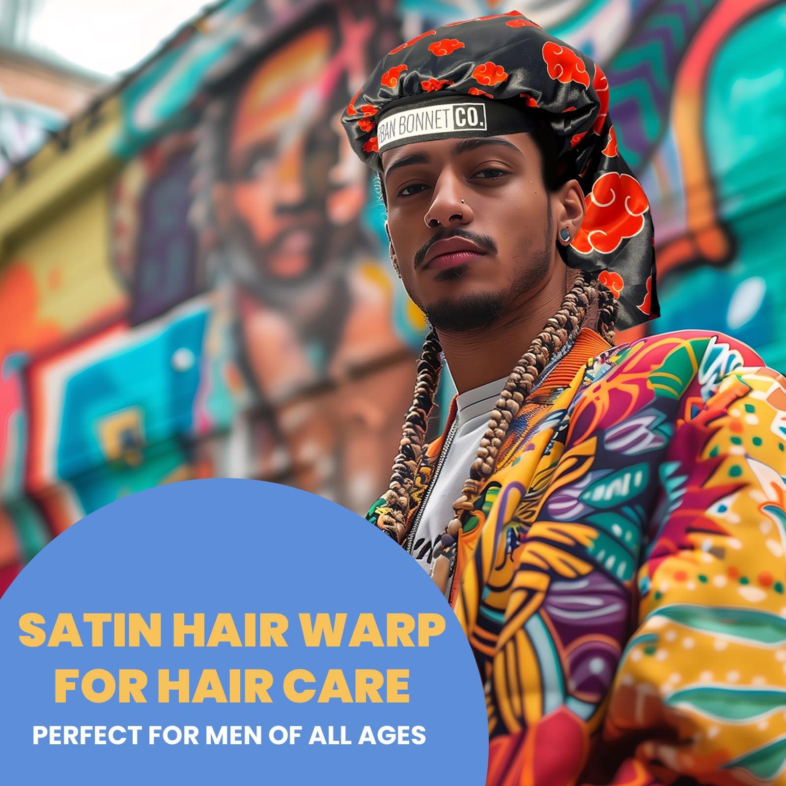 Urban Bonnet Co. Premium Hair Bonnet for Men Satin Bonnet Curly Hair & Dreadlocks Wrap Silk Bonnet Double Layer Sleeping & Shower Cap Anime Bonnet Soft Band (Carolina Blue)