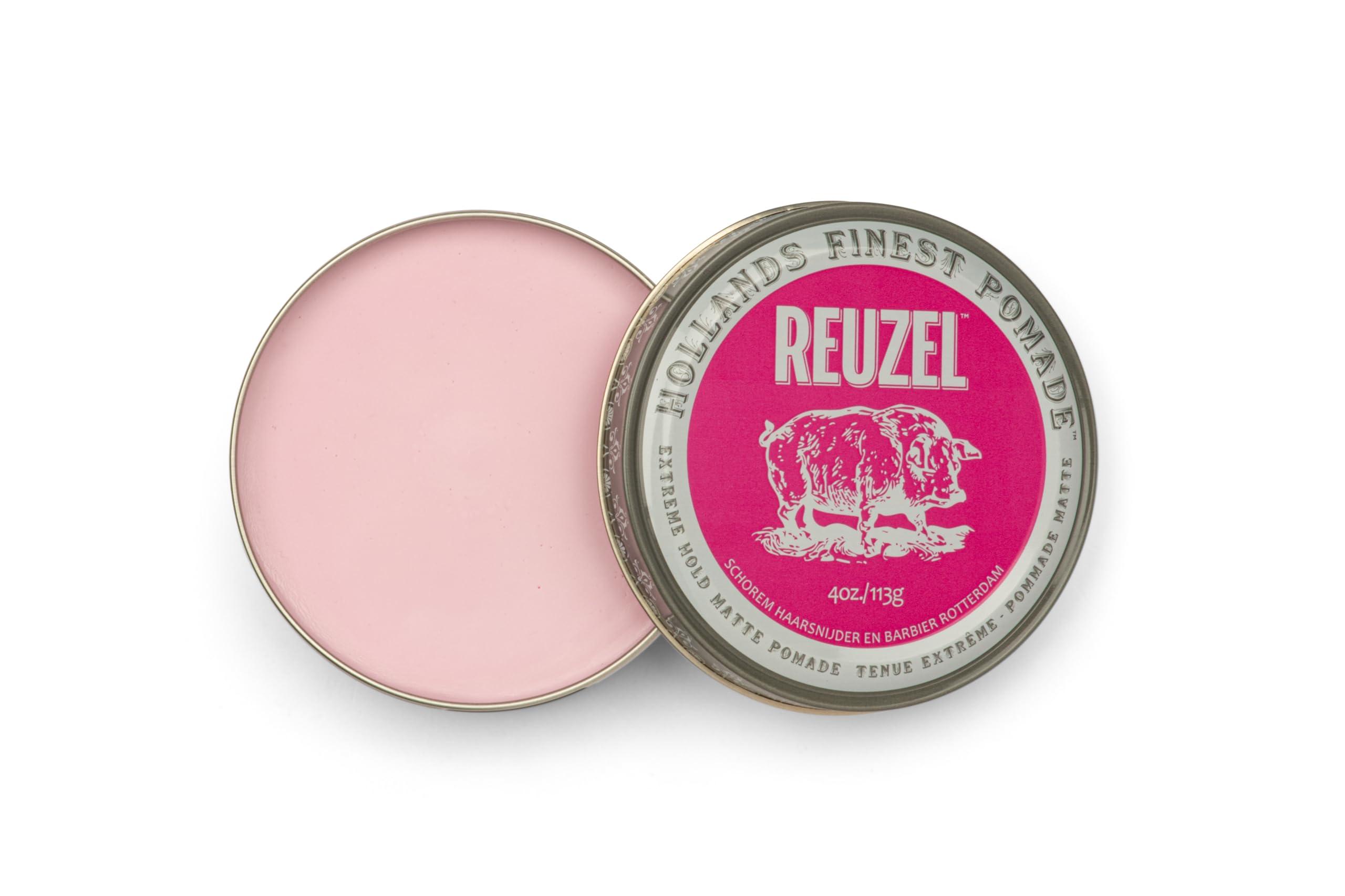 Reuzel REUZEL Pink Extreme Hold Matte Pomade, Strongest All Day Hold, Water Soluble Styling, No Shine & Flake Free, Easy To Wash Out, For All Hairstyles, 4 oz