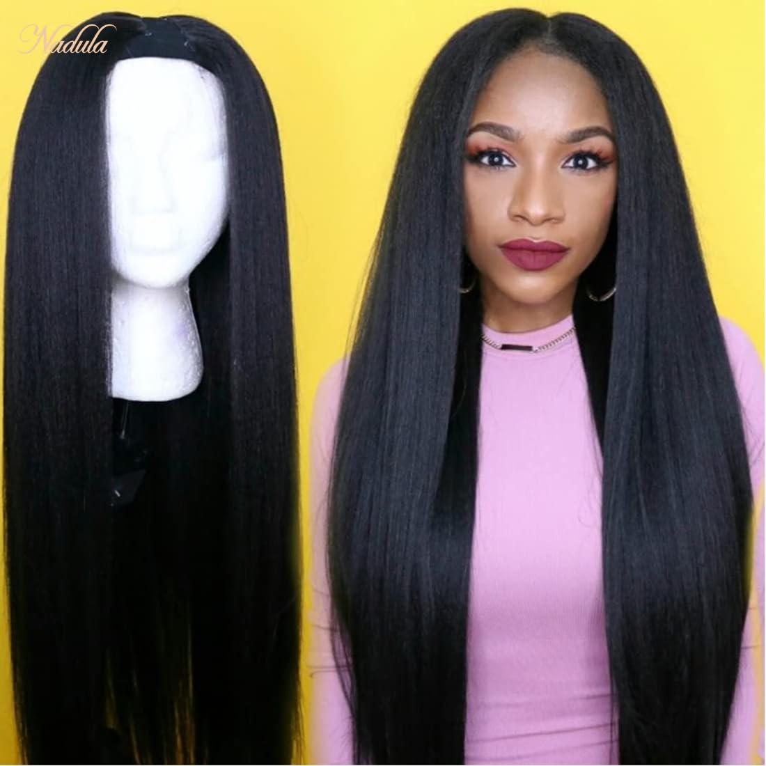 Nadula Nadula V Part Wig Yaki Straight Human Hair No Leave Out Glueless Upgraded U Part Wigs for Women,10A Yaki Straight V-part Wigs V Shape Clip in Half Wig Ready to Go 150% Density 16inch
