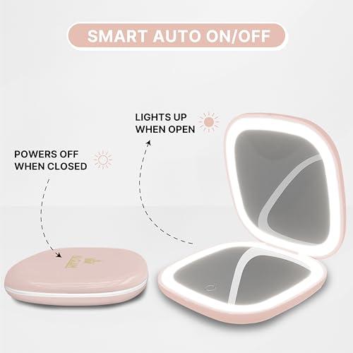 NJ GLAM NJ GLAM Led Compact Mirror, 1X /10X Magnification, 3.9\" X 0.9\" Portable Double Sided Lighted Makeup Mirror, USB Charging, 3 Light Setting and Dimmable, Memory Touch Switch (Pink)