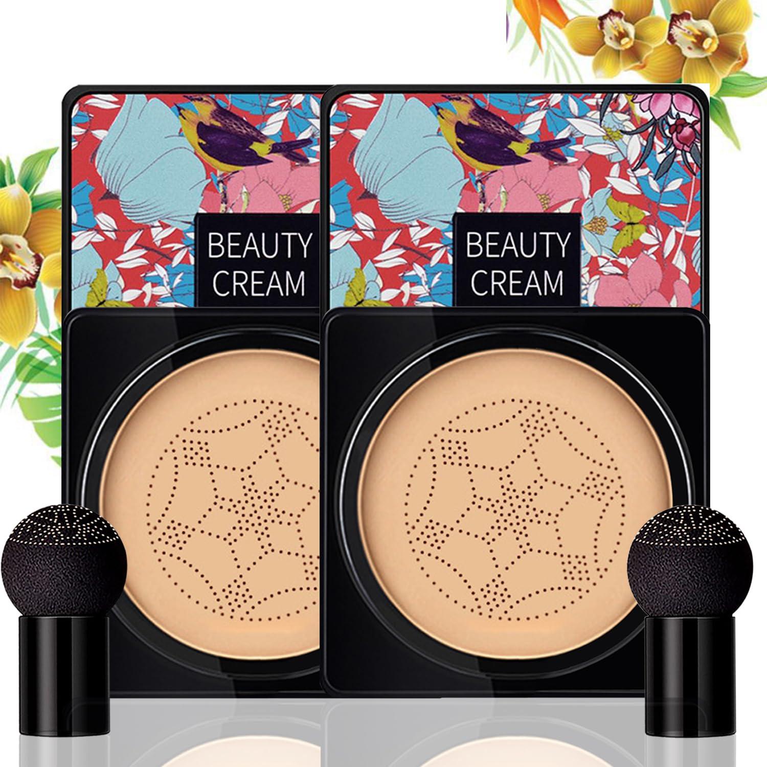 NUIBO 2PCS Mushroom Head Air Cushion CC Cream Foundation, Beauty Cream EXO TOO BB Cream, Moisturizing, Long Lasting, Matte, Light Weight, Waterproof Liquid Foundation with 2PCS Mushroom Head Sponges