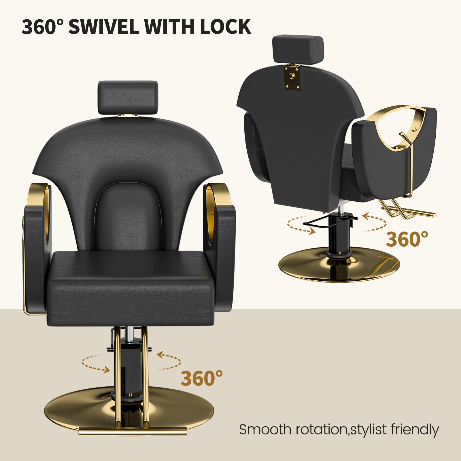 Charmmade Salon Chair Reclining Barber Chair Adjustable Recliner Styling Chair Hydraulic Adjust Height 360Swivel, Unique Headrest Design, Black and Gold