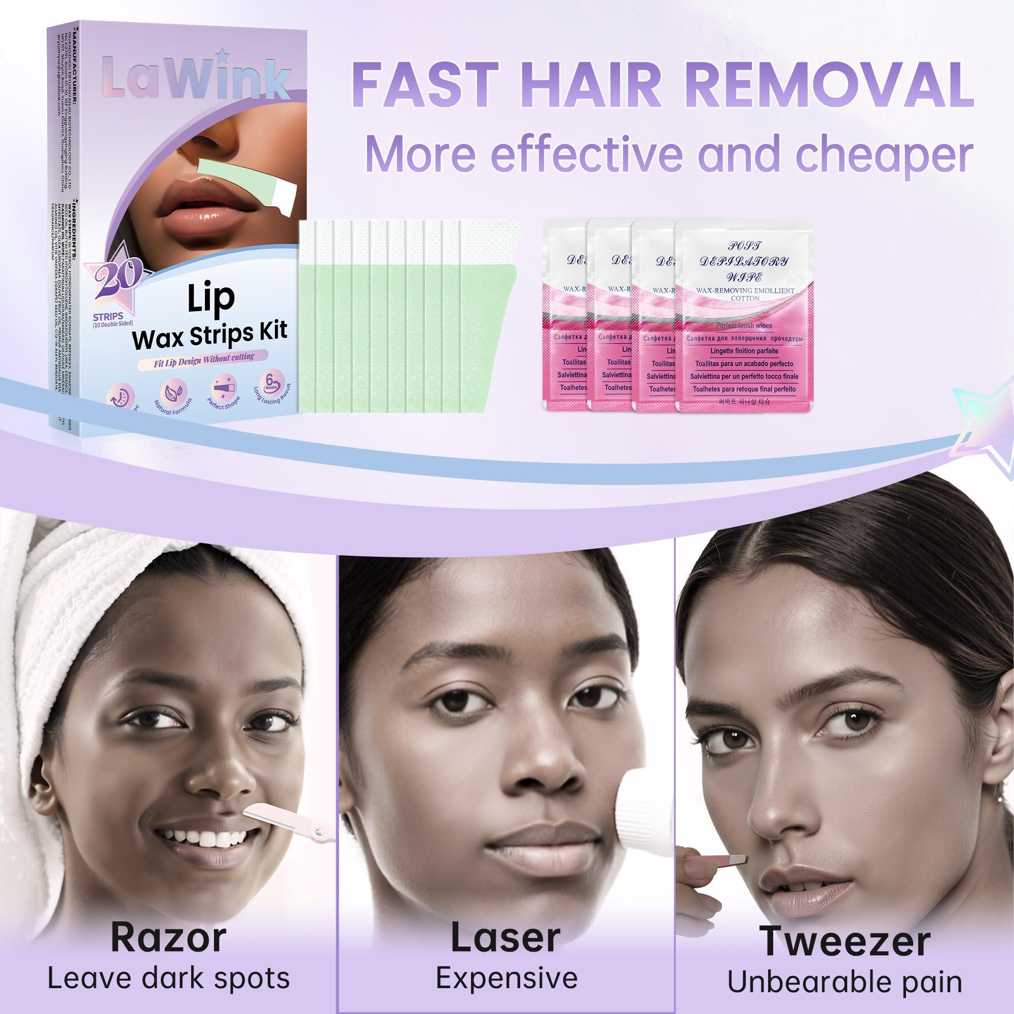 LaWink LaWink Lip Wax Strips Kit Cold Wax Strips Facial Hair Removal 20 Strips 4 Calming Oil Wipes for Sensitive Skin Types Women