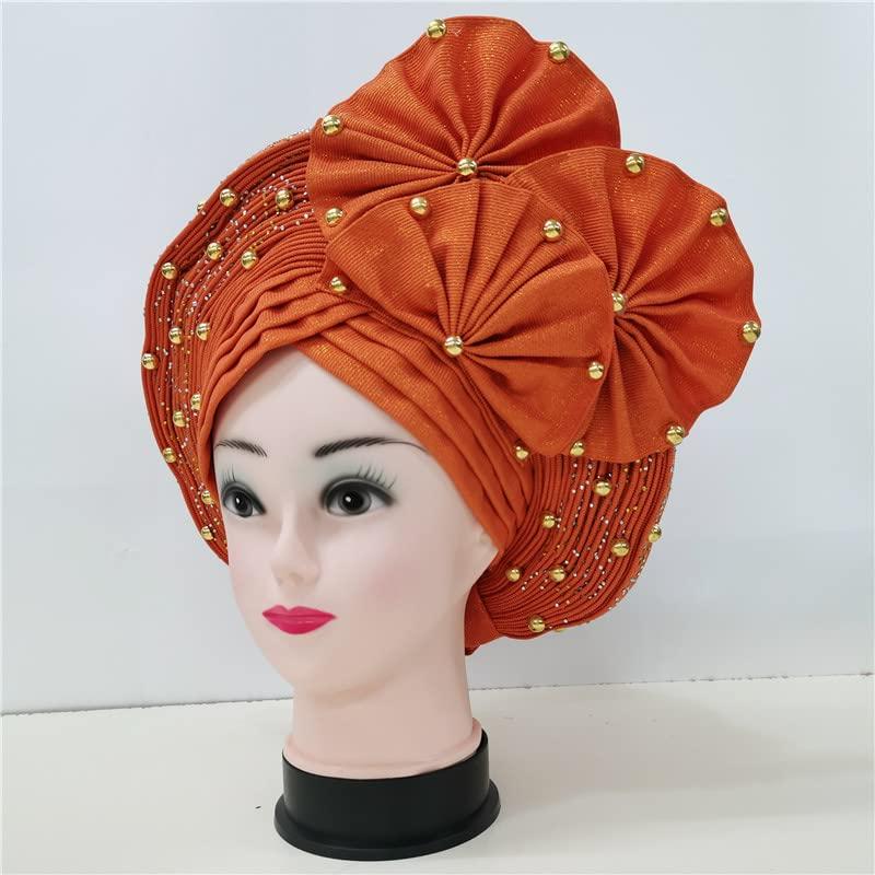 Generic Nigerian Head Wrap ASO Oke Nigeria for Traditional Marriage headtie Already Made African headtie with Beads&Stones Bonnet for Party 1set -ASO Oke African Head tie
