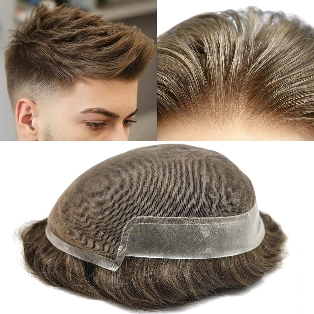 Generic Mens Toupee Hair System for Men Lace Front Toupee Hair Replacement Pieces Real Human Hair Mens Lace Hairpiece Bleached Knot Natural Hairline#1810 18# MEDIUM BLONDE+10% GRAY 100% density8x10