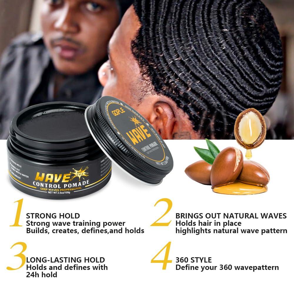 Goiple Wave Pomade for Men Strong Hold Easy Wash 360 Wave Training Hair Cream, Waves Grease for Men Promotes Layered Waves, Moisture, Control and Silky Shine, Wave Kit Curved Medium Waves Brush Silky Durag