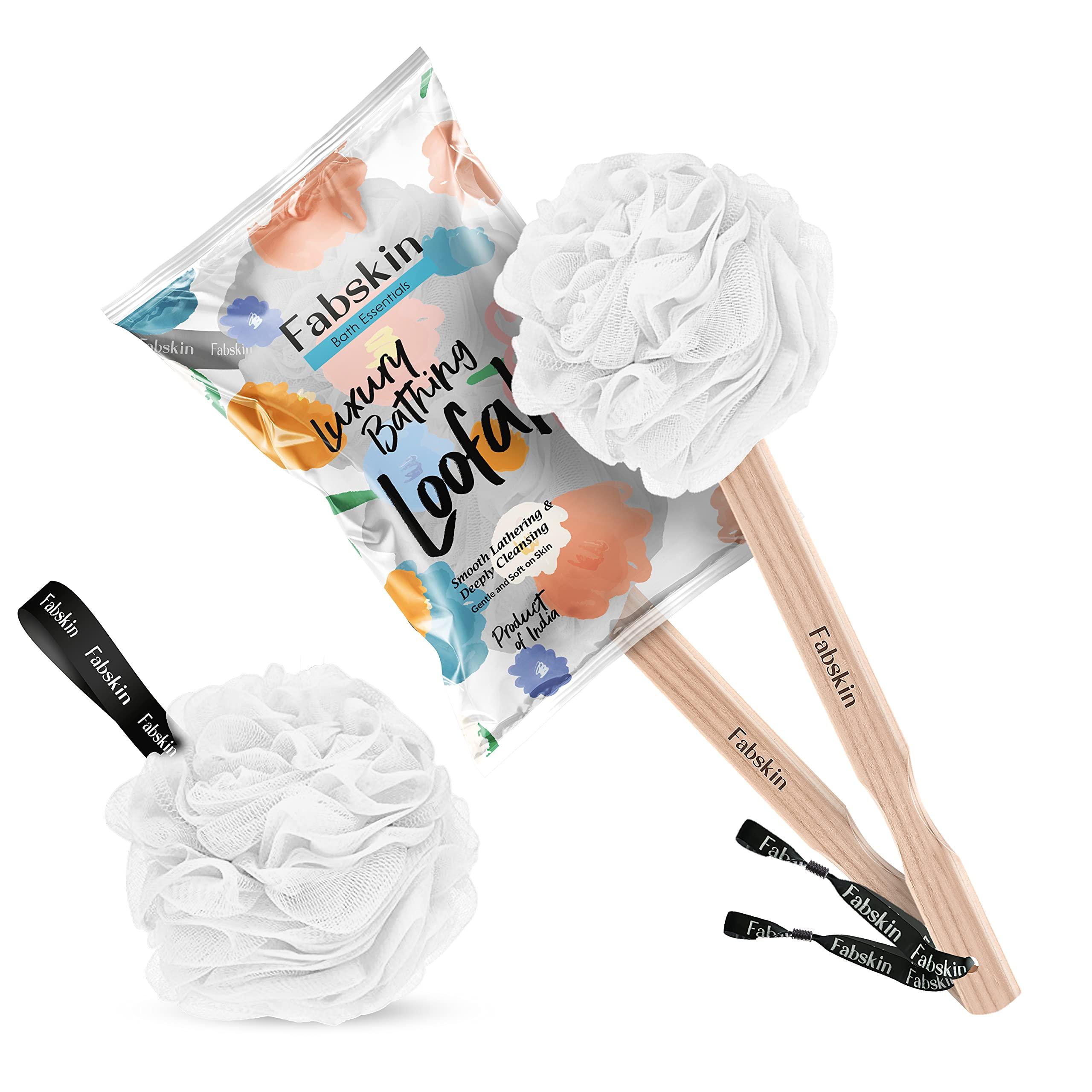 FABSKIN FABSKIN Luxury Bath Loofah Duo Pack | Peach | Loofah For Men and Women | Bath Brush Body Back Scrubber With Wooden Handle For Bathing With Round Loofah | Made In India (White)