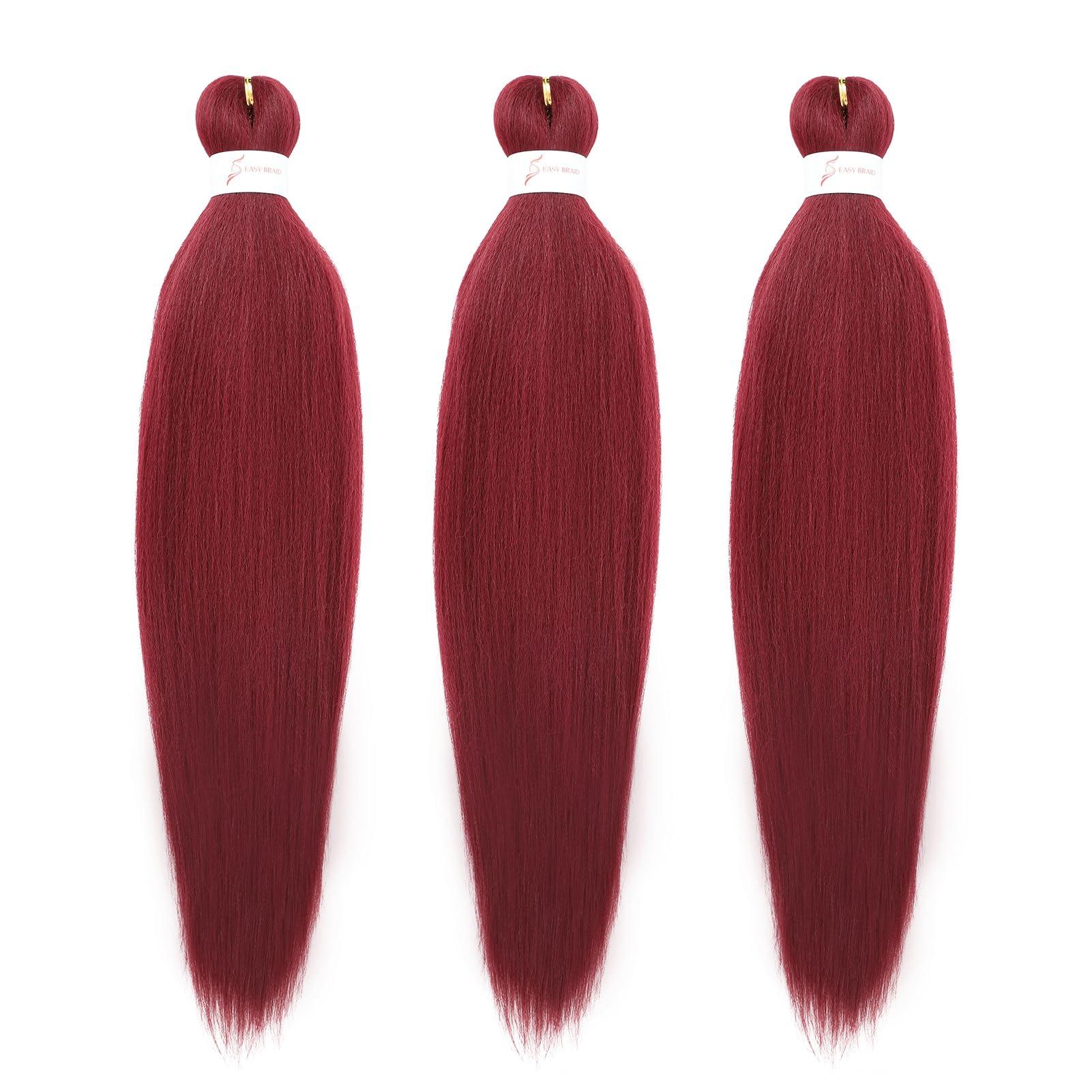 Dorsanee Dorsanee Burgundy Braiding Hair Pre Stretched 24 Inch 3 Packs Braiding Hair Extensions for Box Braids Twists Locs Hair Soft Yaki Texture Hot Water Setting (#Burgundy)