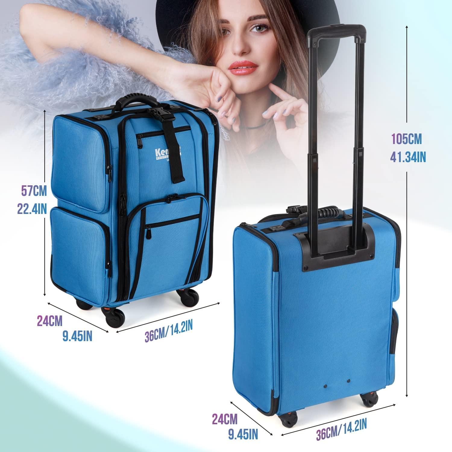 Kemier Kemier Rolling Makeup Train Case - Professional Makeup Travel Case Portable Artist Cosmetic Trolley Soft Side Nylon Large Capacity Organizer Storage bag with Wheels Blue