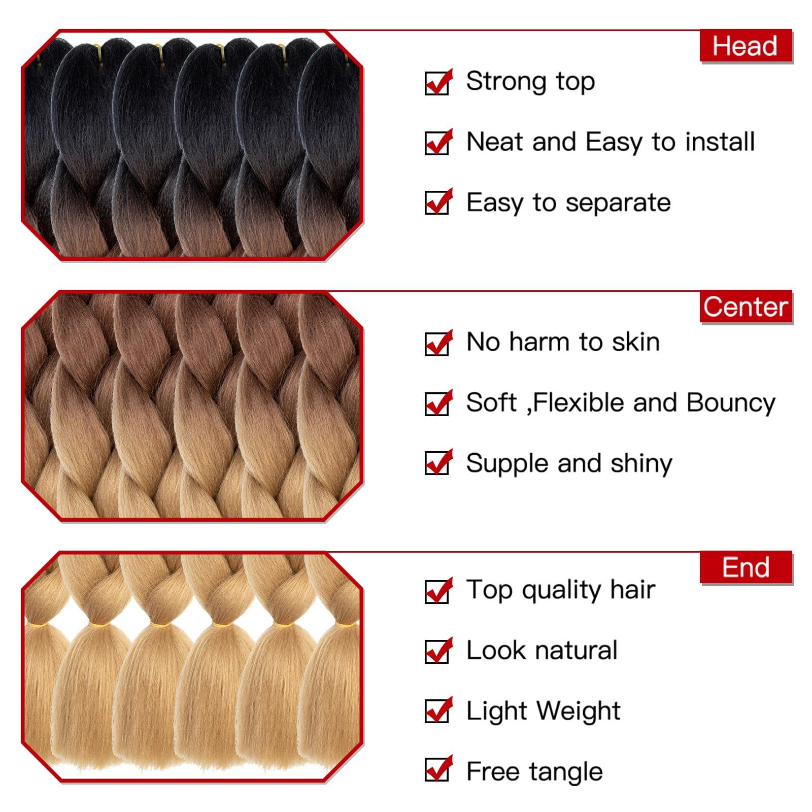 XTREND Xtrend 6 Pcs Ombre Jumbo Braiding Hair Extension 24 Inch 3 Tone Jumbo Box Braiding Hair Jumbo Braid Synthetic Hair for Braiding 100g/pc (6 Pieces,Black+Dark Brown+Light Brown#)