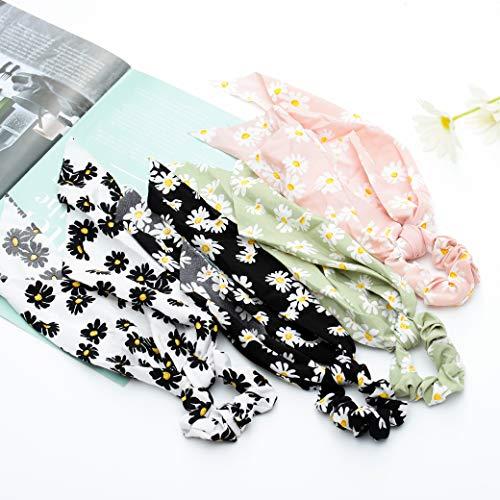 Blufly Blufly Ribbon Hair Scrunchies Printed Flower Boho Long Headband Ponytail Holders Floral Scarf Scrunchy Head Tie for Women and Girls (Pack of 5) (D)