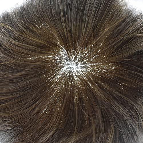 Generic Toupee For Men Swiss Lace Hair System Real Human Hair Piece Swiss Lace Front Mens Toupee Bleached Knots Natural Hairline Men Hair Replacement Sytems US Stock. (8X10\"-90% light to medium density, 5# MEDIUM LIGHT BROWN)