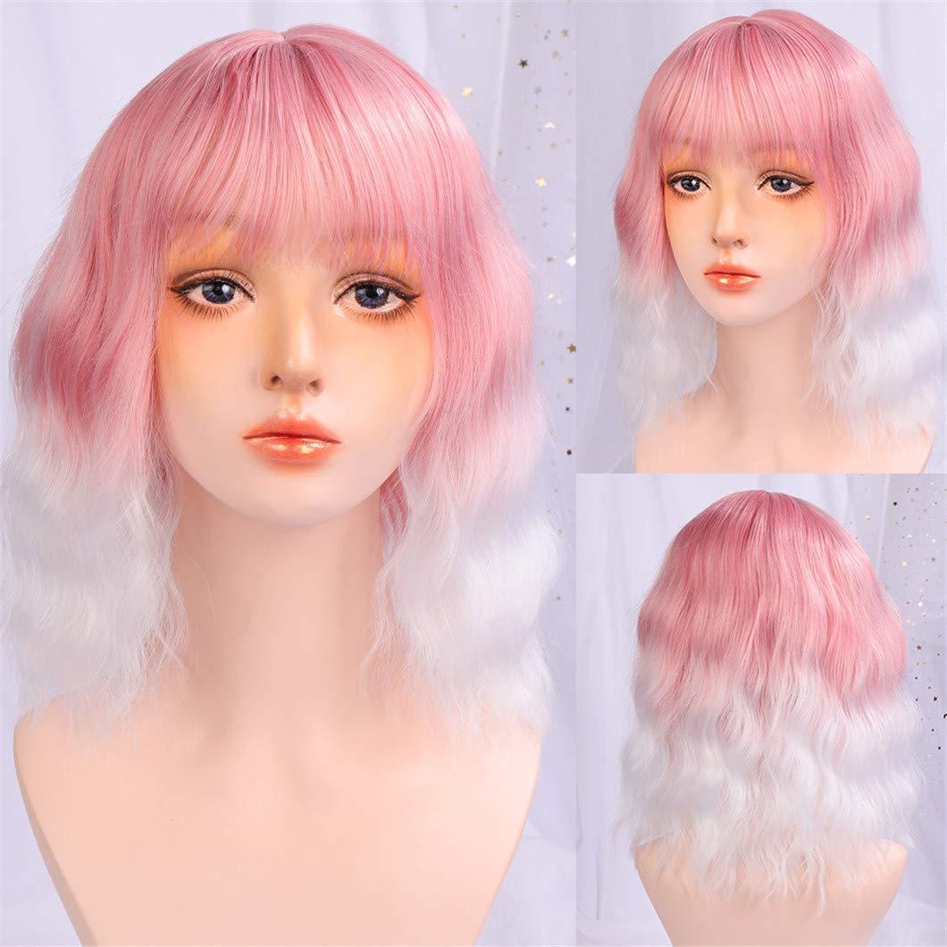 SSJFZM Pink Wig Short Bob Wig With Bangs Cosplay Water Wave Hair Wigs For Women American Style Synthetic Wig Pink white 14inches