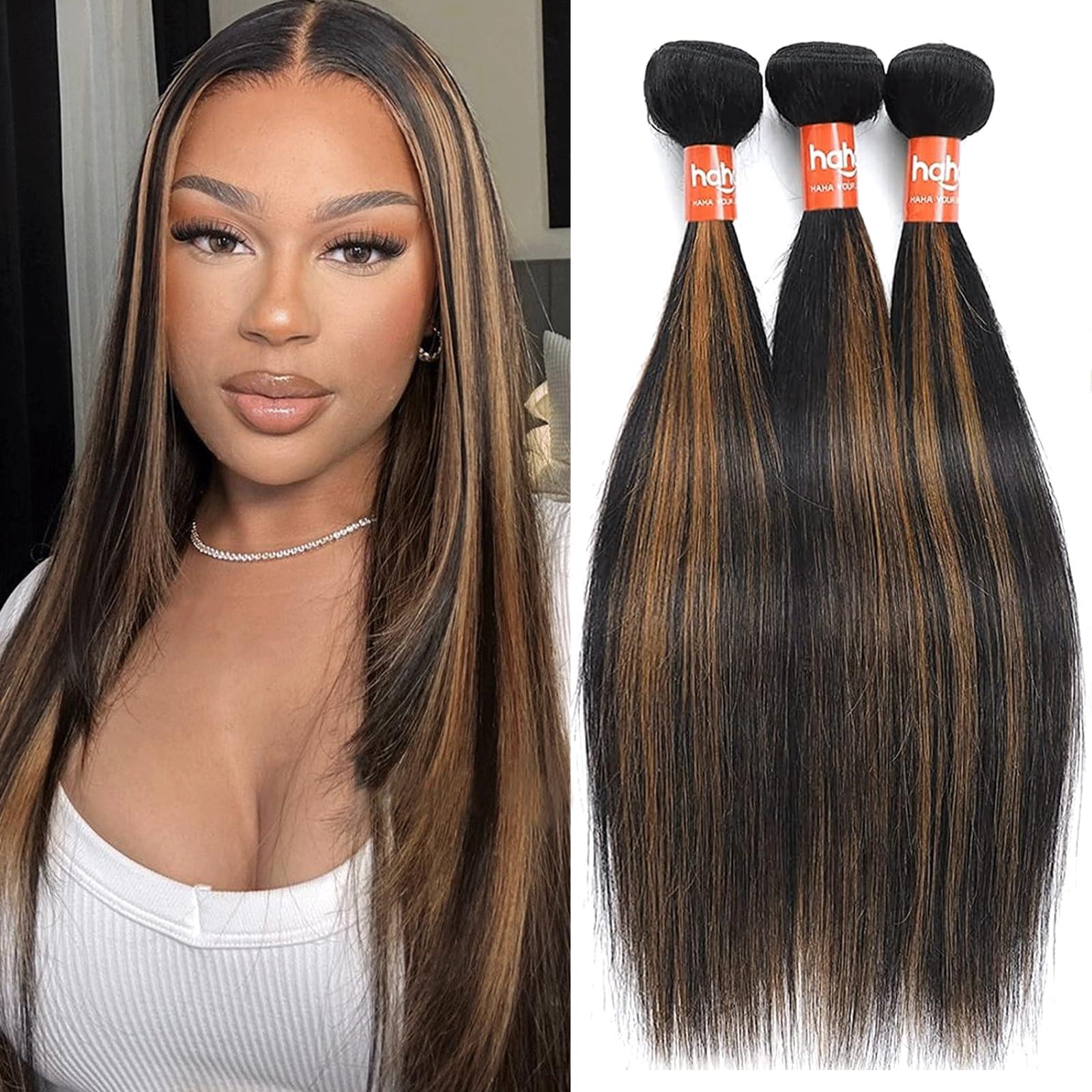haha Haha Ombre Straight Bundles Human Hair Brown Highlight Human Hair 3 Bundles Brazilian Remy Virgin Hair Sew In Bundles For Women Black Brown Piano Color Hair Weave Extensions 16 18 20 Inch FB30