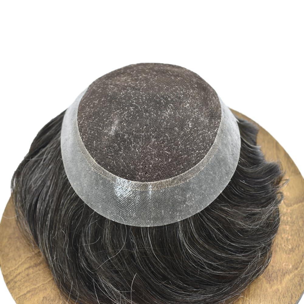 DR Hair Toupee For Men Hair Replacement System For Men Swiss Lace Mens Hair System Hair Pieces For Men Real Human Hair Mens Toupee 6x8\'\'-100% light to medium density#1B20 1B# OFF BLACK+20% GREY
