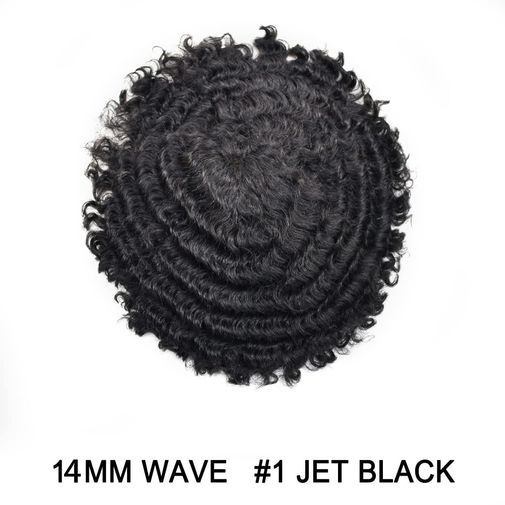 Hair Wonders Afro Toupee For Black Men Poly Skin Man Weave Hair Unit Black Men Mens Toupee Human Hair Kinky Curly Hair Toupee For Men African American Afro Toupee Gray Black Hair (1# JET BLACK-14mm afro wave)