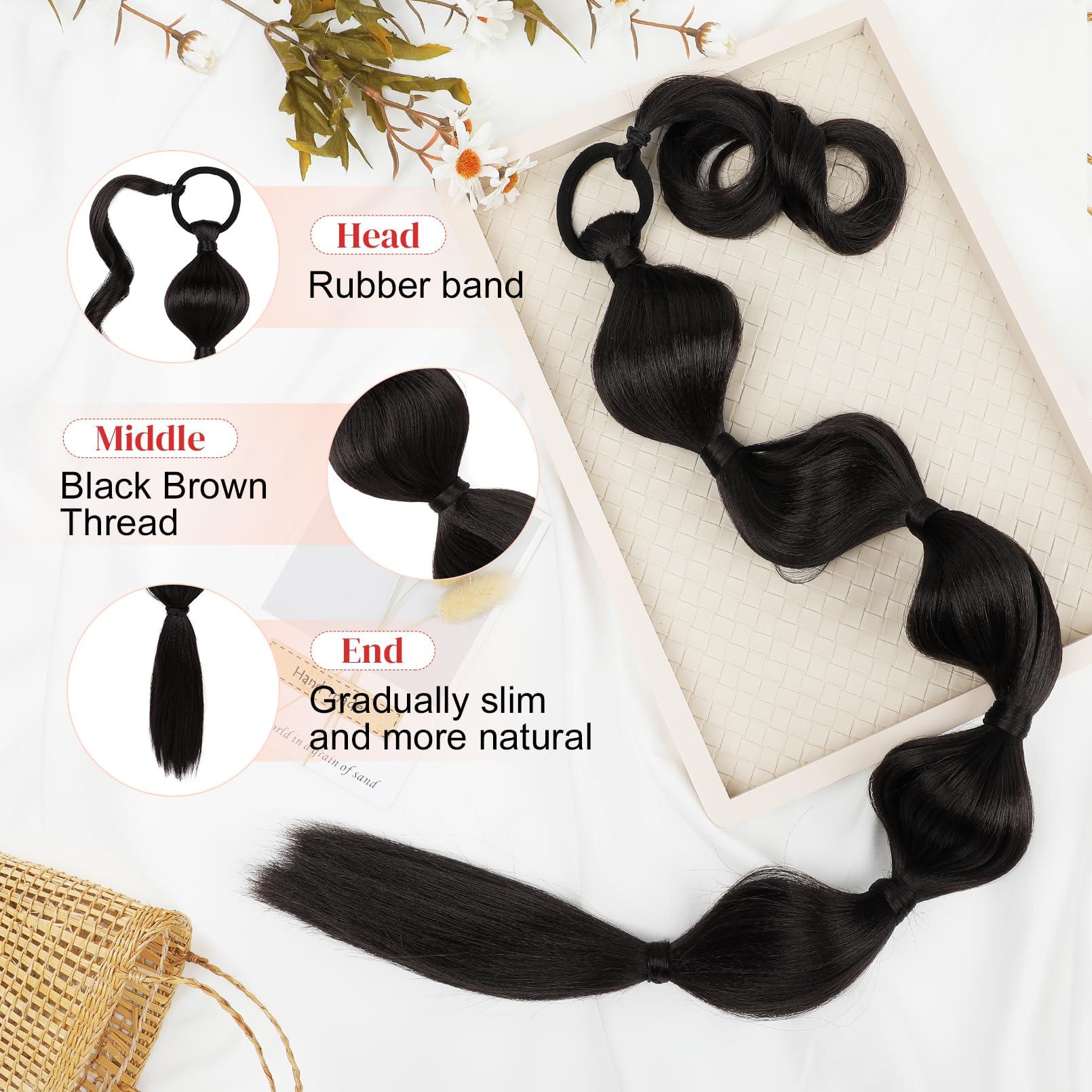 LONAI LONAI Bubble Ponytail Extension for Women,28 Inch Long Braided Wrap Around Synthetic Hair with Leather Cord, Straight Afro Puff, Braided Ponytail Extension Black Brown