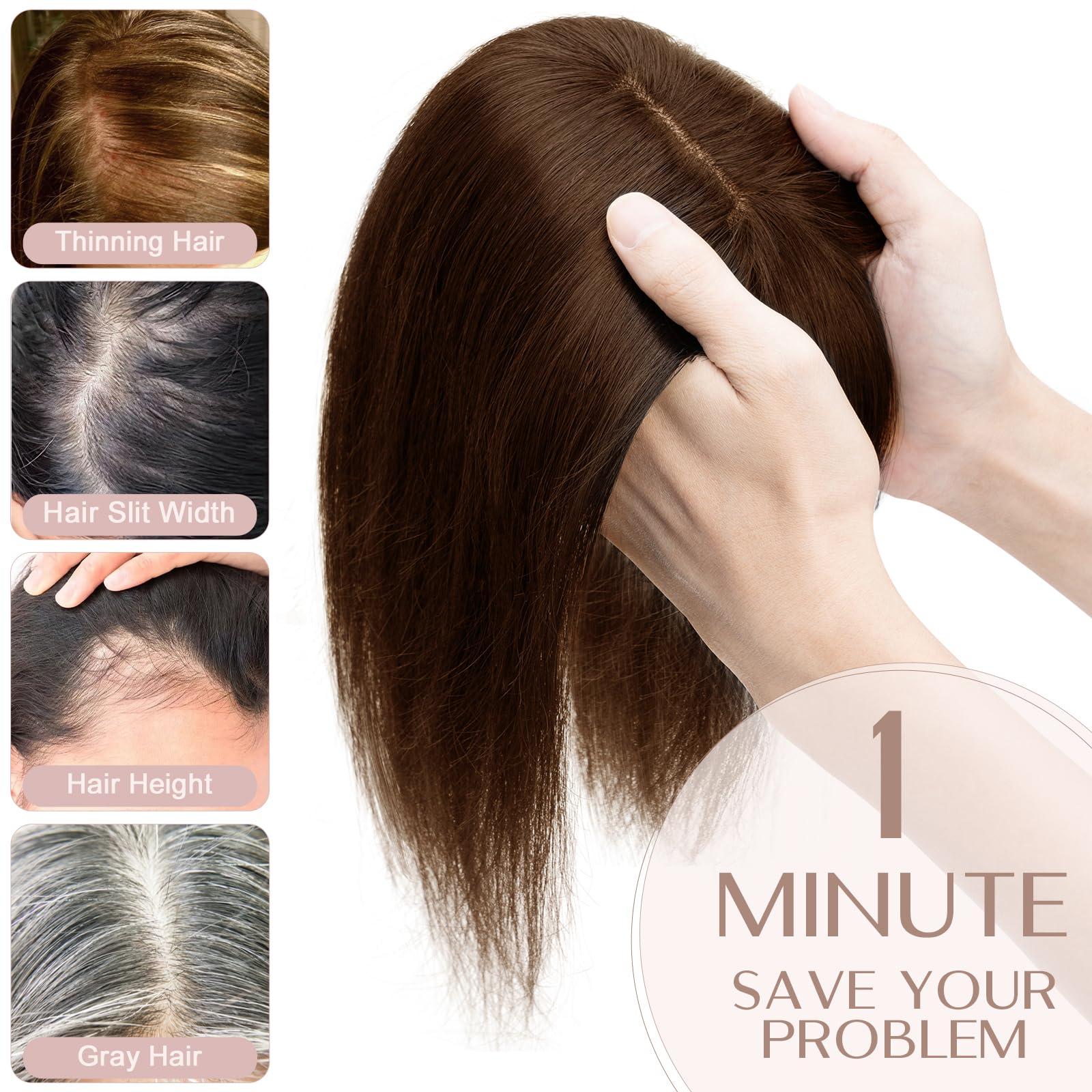 SEGO Pro SEGO Pro Human Hair Topper with Bangs Hair Toppers for Women Real Human Hair Toppers Hair Pieces for Women Human Hair Toppers for Thin Hair 8 Inch #04 Chocolate Brown