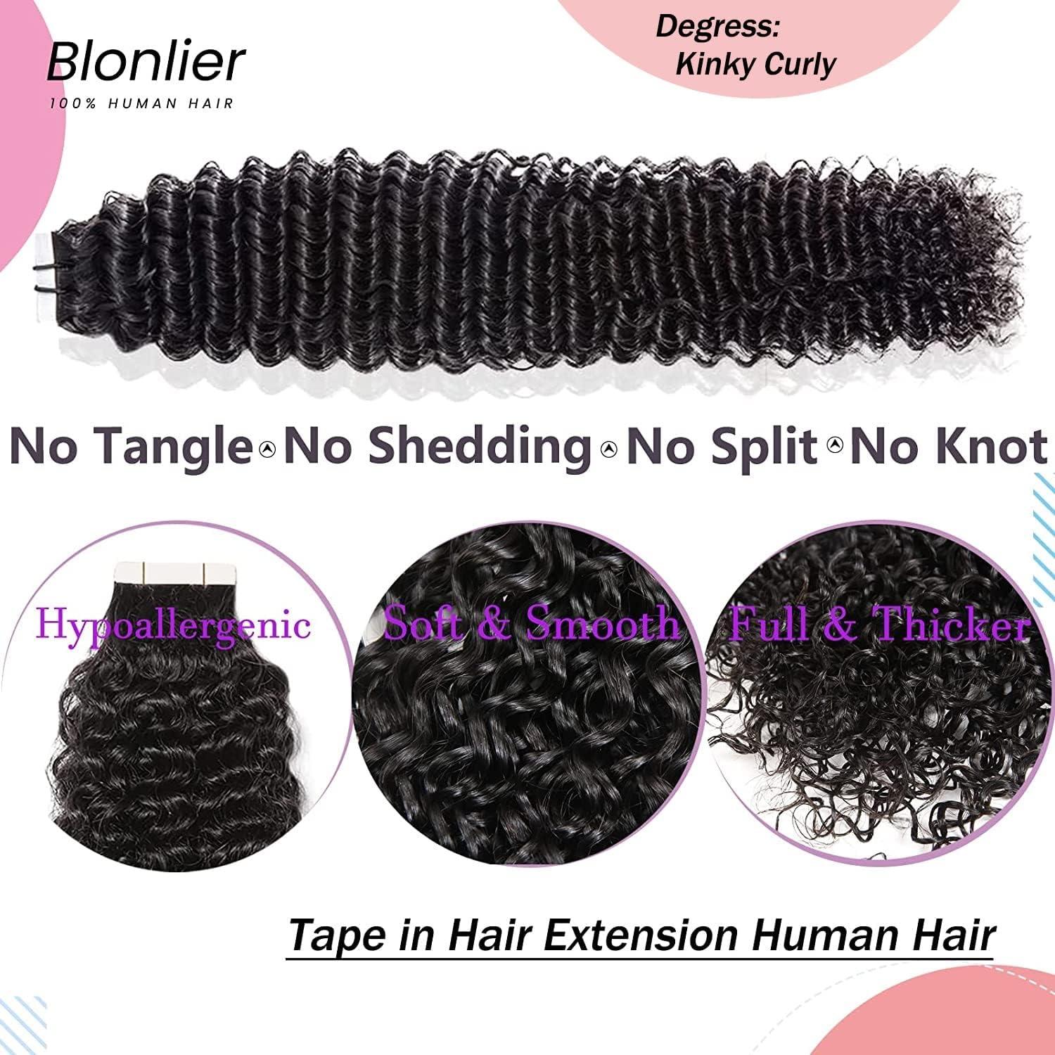 Blonlier 20\" Tape Hair Extensions Human Hair, Kinky Curly Human Hair Tape in Hair Extensions 10A Natural Black 40PCS/100G/Pack Seamless Skin Weft Kinky Culy Hair Extensions Tape ins Hair for Women