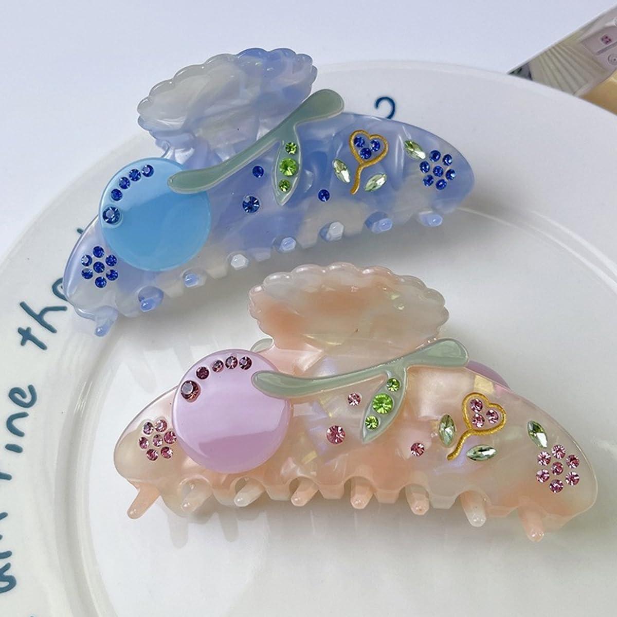 OMG Decor Flower with Diamond Hair Clips,Cellulose Acetate Hair Clips,Small Claw Clips for Girl,Hair Accessories,Pink