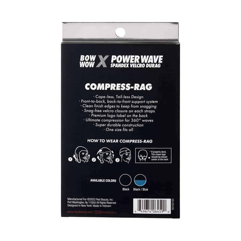 Red by Kiss Red by Kiss Premium Bow Wow X Power Wave Durag, 360 Wave Compression Cap for Men & Women, Adjustable Hook-&-Loop Strap, Stylish & Durable, Ideal for Locs, Braids, Finger Waves (Spandex - Black/Blue)