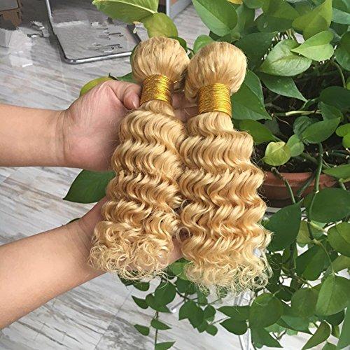 Ruma Hair Ruma Hair Blonde Deep Wave Peruvian Virgin Hair 3 Bundles With Closure Bleached Knots 4Pcs Lot Pure Color #613 Bleached Blonde Deep Curly Human Hair Weave With 4x4 Lace Closure (22 with 22 24 26)