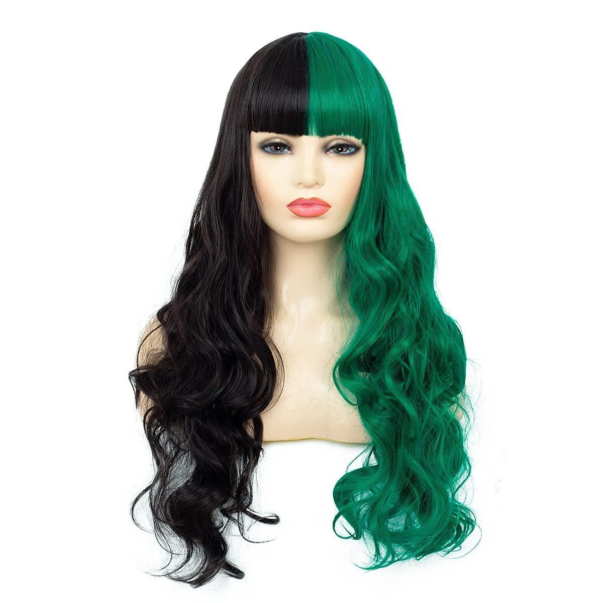 Baruisi Baruisi Half Black Half Green Wig Long Curly Wavy Black Green Synthetic Heat Resistant Costume Cosplay Bangs Wig for Women