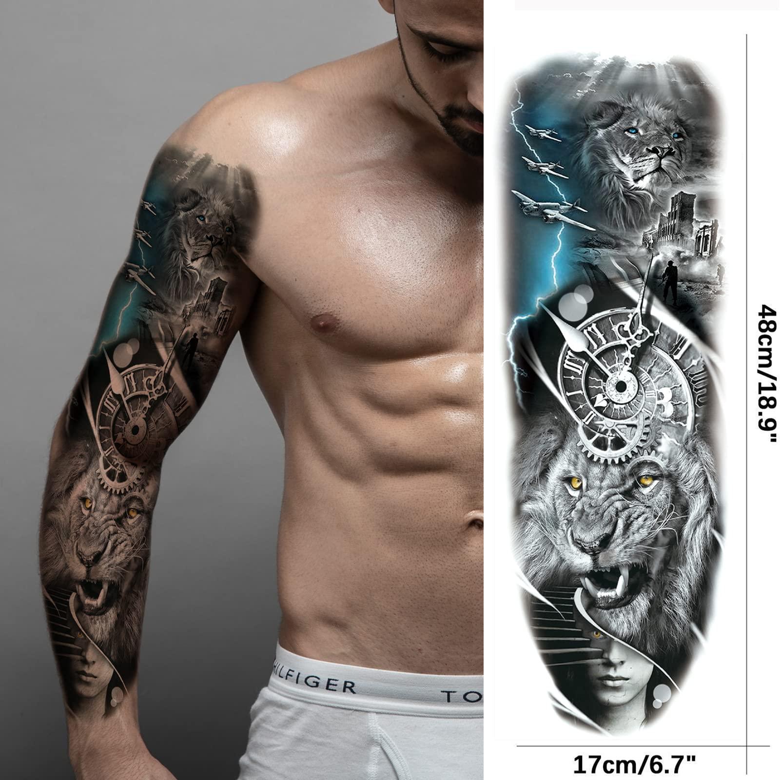 Briyhose Briyhose Military Sleeve Temporary Tattoos For Men Women, Black Full Arm War Soilder Lion Fake Sleeve Tattoo Adult, Long Lasting Large Army Patriotism Temp Tatoo Sticker Leg Body Art Makeup, 4-Sheet