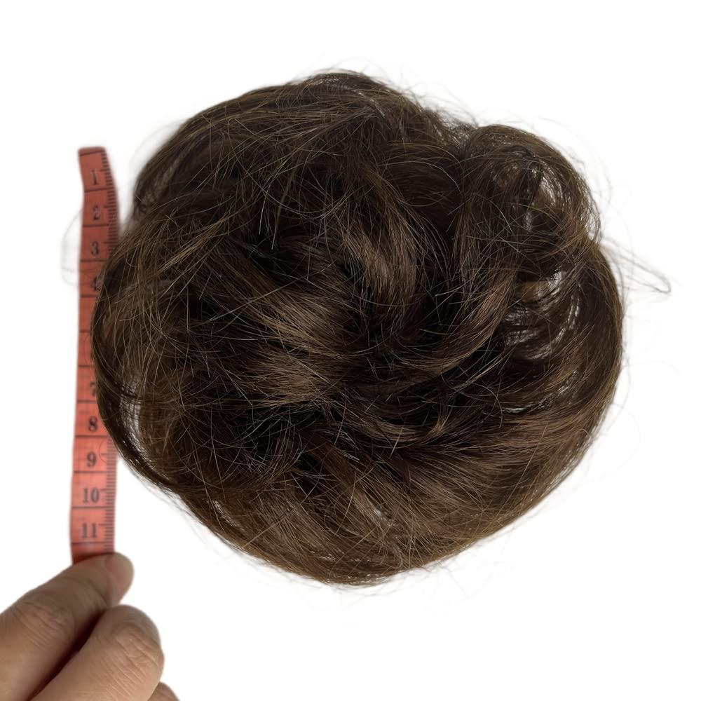 AYunhe 100% Human Hair Messy Bun Extension Tail, Messy Hair Bun Hair Scrunchies Extension with Fringe Curly Wavy Chignon for Women Wedding Tousled Updo Hairpiece (Dark Brown)