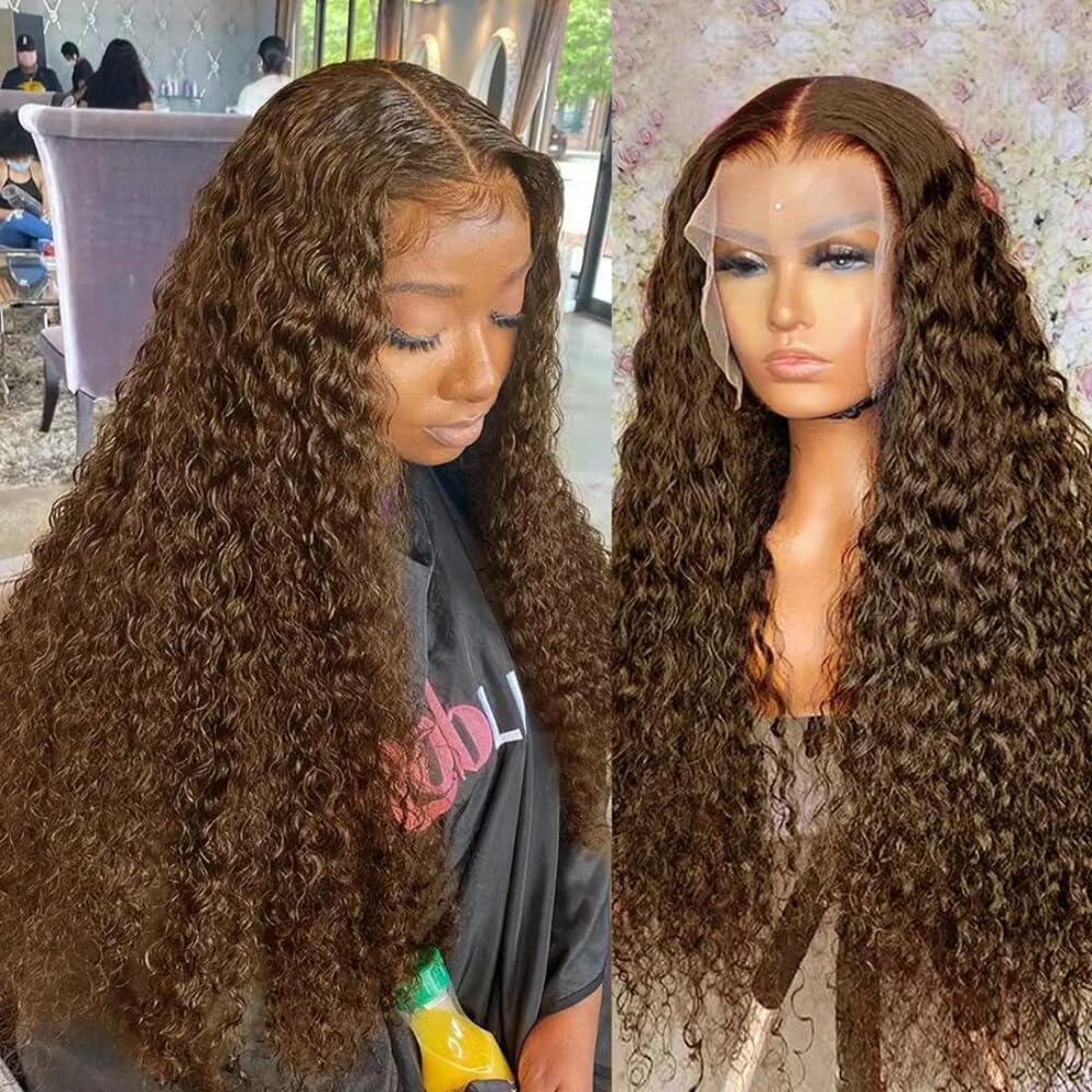 ten chopsticks ten chopsticks Chocolate Brown Curly Full Lace Wig Human Hair Wigs Deep Water Wig Full Lace Wig 150% Density Glueless Wig 100% Human Hair Wig Brazilian remy hair For Black Women