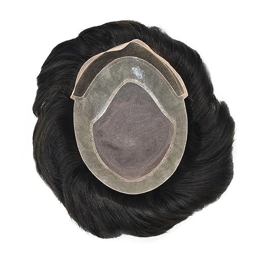 Brave Hair Generic Hair System for Men Toupee Human Hair Pieces French Lace Front Bleached Knot Toupee for Men Hair Replacement Systems Durable Fine Monofilament Men\'s Hairpiece 8X10 1B# OFF BLACK