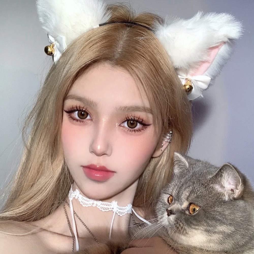EVERMARKET Faux Furry Anime Faux Fur Fox Ear Headband with Bells, Plush Neko Cosplay Accessory for Halloween Costume Party Fancy Dress (White-Pink)