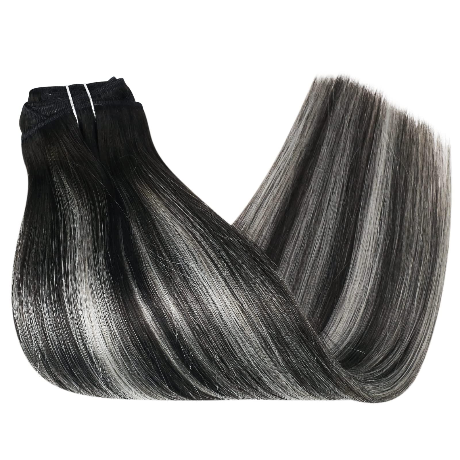 Sunny Hair Sunny Hair Clip in Hair Extensions Straight Human Hair Clip in Extensions Remy Clip in Hair Extensions Real Human Hair Extensions Clip ins Balayage Black Ombre Silver Grey 14inch