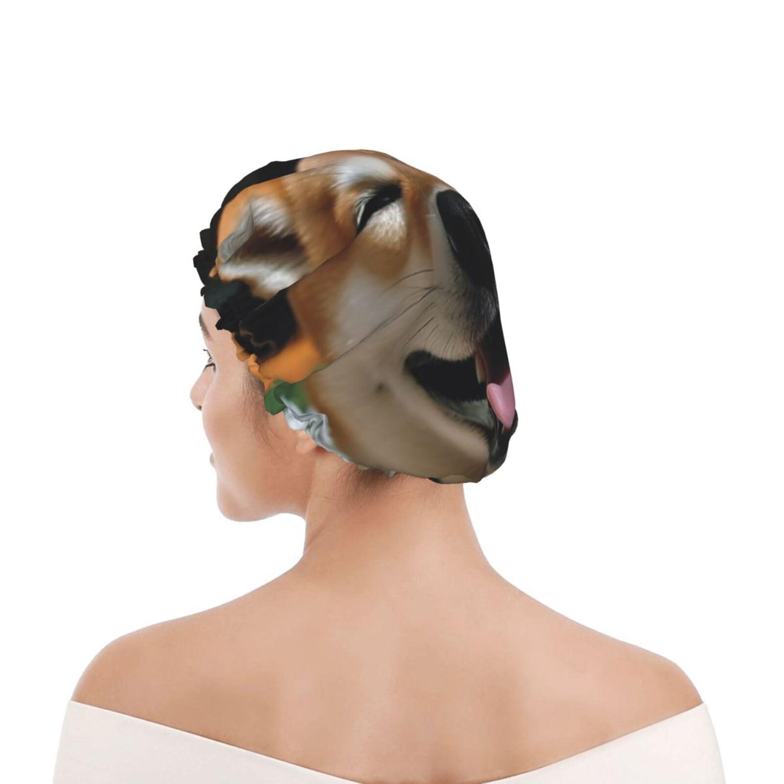 GFLFMXZW Shiba Inu Smile Tongue Out Shower Cap Reusable Double Layered Bath Cap Waterproof Hair Cap with Elastic Band Bathing Hat Spa Salon Shower Hat for Women Men
