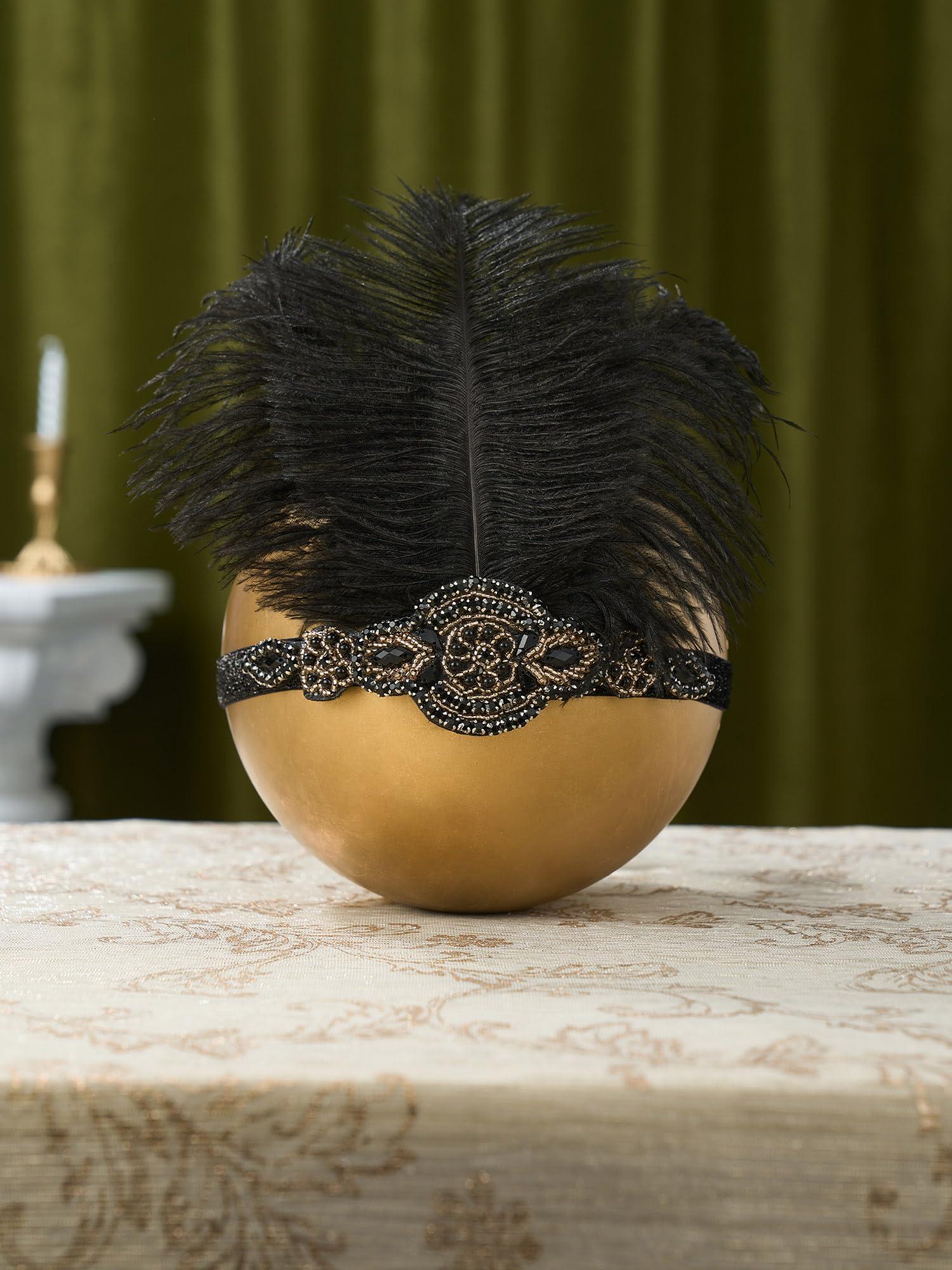 SWEETV SWEETV 1920s Headpiece Flapper Headband, Feather Rhinestone Roaring 20s Great Gatsby Hair Accessories for Women,Gold
