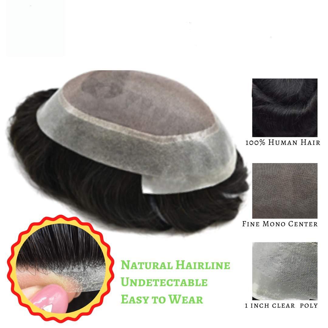 SINGA HAIR Fine Mono Mens Toupe Remy Human Hair System Clear Poly Skin Around Hairpiece Monofilament Wig Durable PU Hair Replacement (1B# Natural Black, 6\'\'x8\' 110% Light Medium Density)