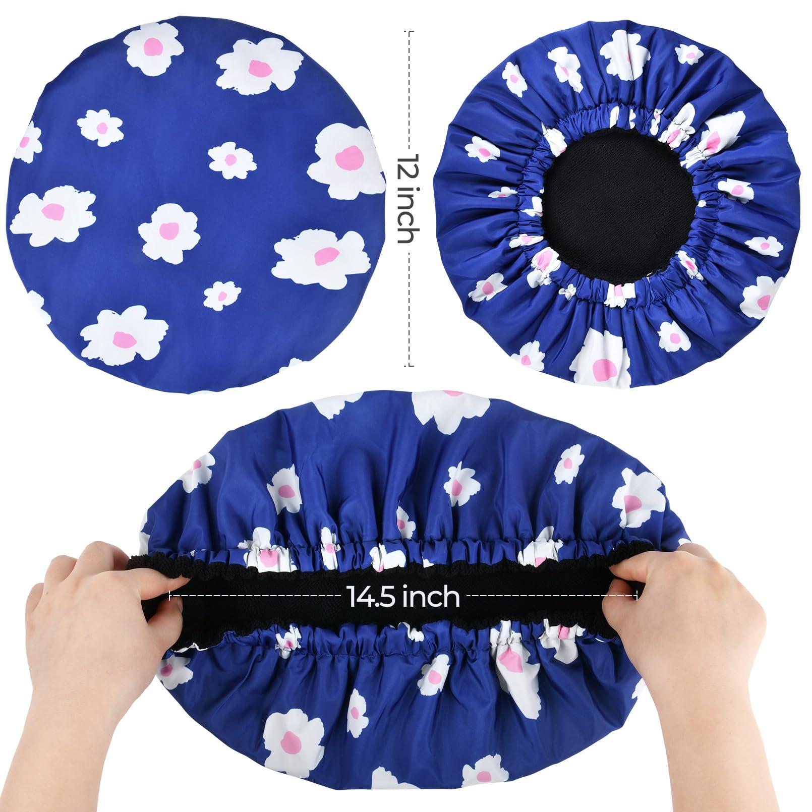 Aileam Shower Cap for Women Terry Lined Bath Cap Large Reusable Waterproof Elastic Band Blue Shower Caps for Long Thick Hair Soft Bath Shower Hair Caps