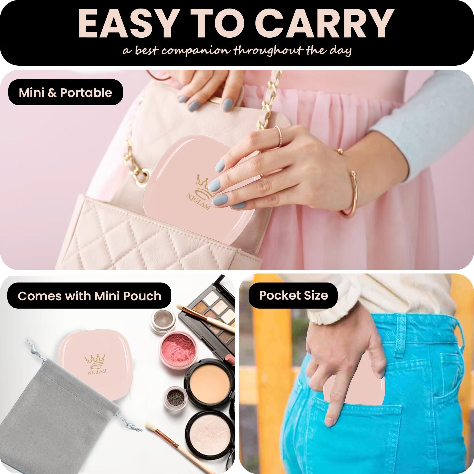 NJ GLAM NJ GLAM Led Compact Mirror, 1X /10X Magnification, 3.9\" X 0.9\" Portable Double Sided Lighted Makeup Mirror, USB Charging, 3 Light Setting and Dimmable, Memory Touch Switch (Pink)