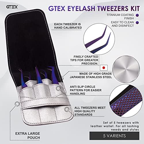 GTEX GTEX Lash Tweezers For Eyelash Extensions Tweezers, Circle Grip - Japanese Steel - Professional Eyelash Tweezers For Extensions, 5 Pack - Purple