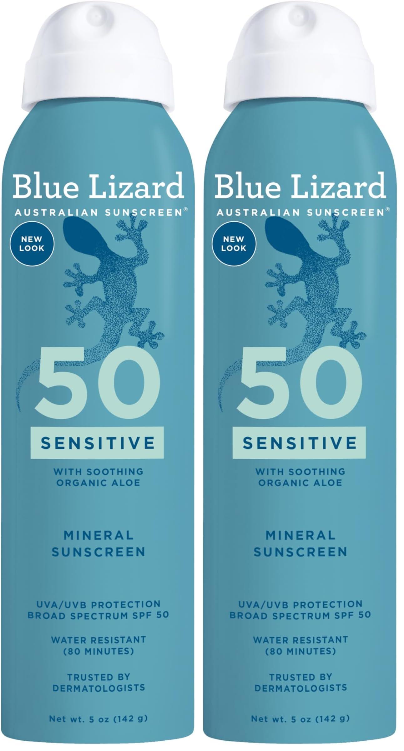 BLUE LIZARD Blue Lizard Sensitive Mineral Sunscreen Spray SPF 50+, Dermatologist-Recommended Brand, Broad-Spectrum UVA/UVB Protection, Water-Resistant, Zinc Oxide Formula, 5 fl oz (Pack of 2)