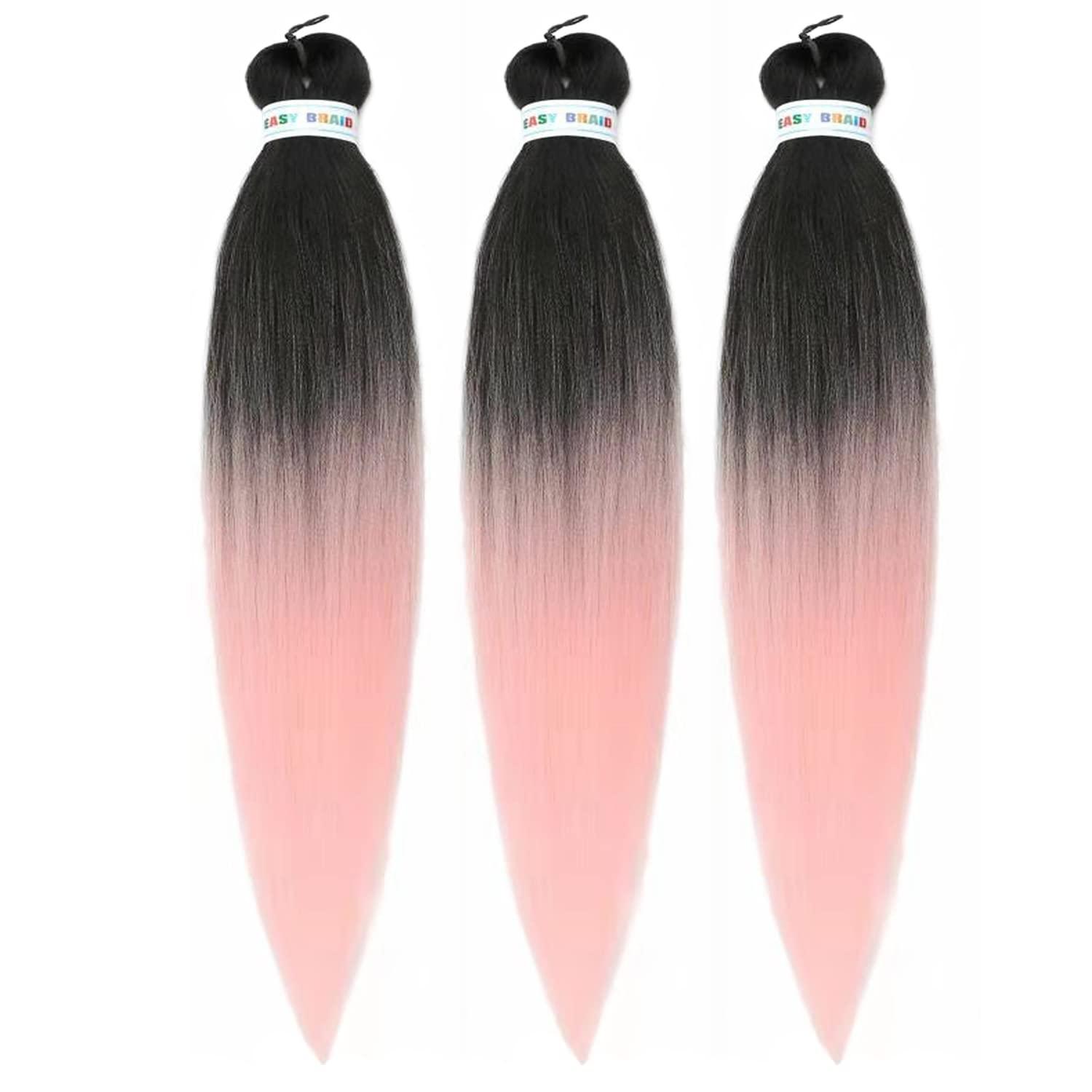 Gozill Pink Ombre Braiding Hair Pre Stretched Box Braids Hair Extension 26 Inch Black Peach Pink Hair for Braiding(Pack of 3)