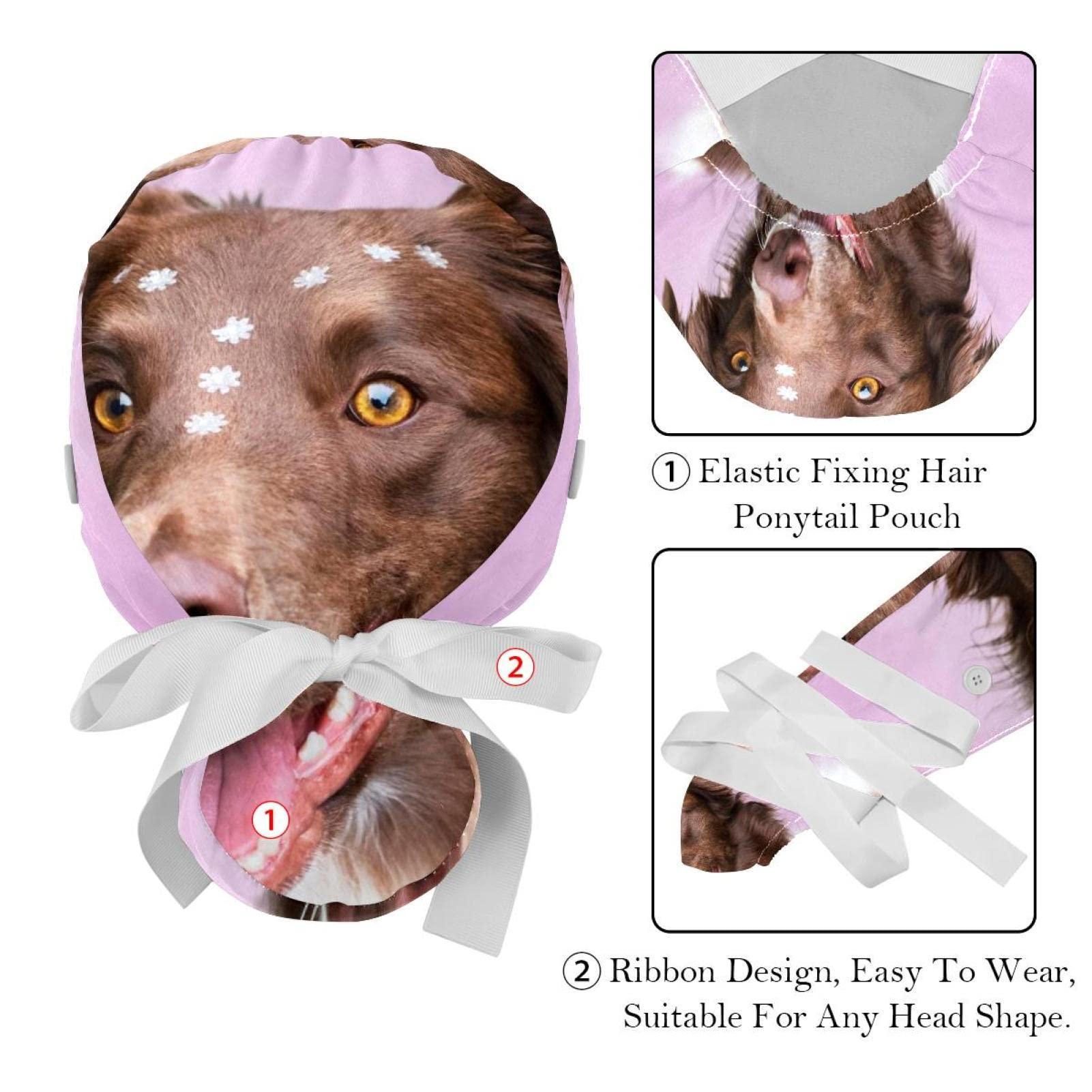 Lyetny Dog Border Collie Pet Animal Scrub Caps Hats Women Bouffant Working Hat Ponytail Holder for Women Long Hair Covers 2PCS